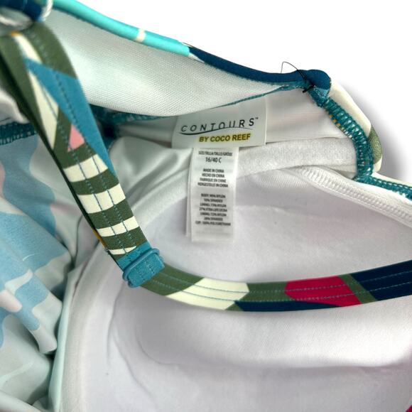 NEW Contours Coco Reef Tankini Top SZ 16 Bra Size 40C Olive Green Blue Tropical - Picture 9 of 12